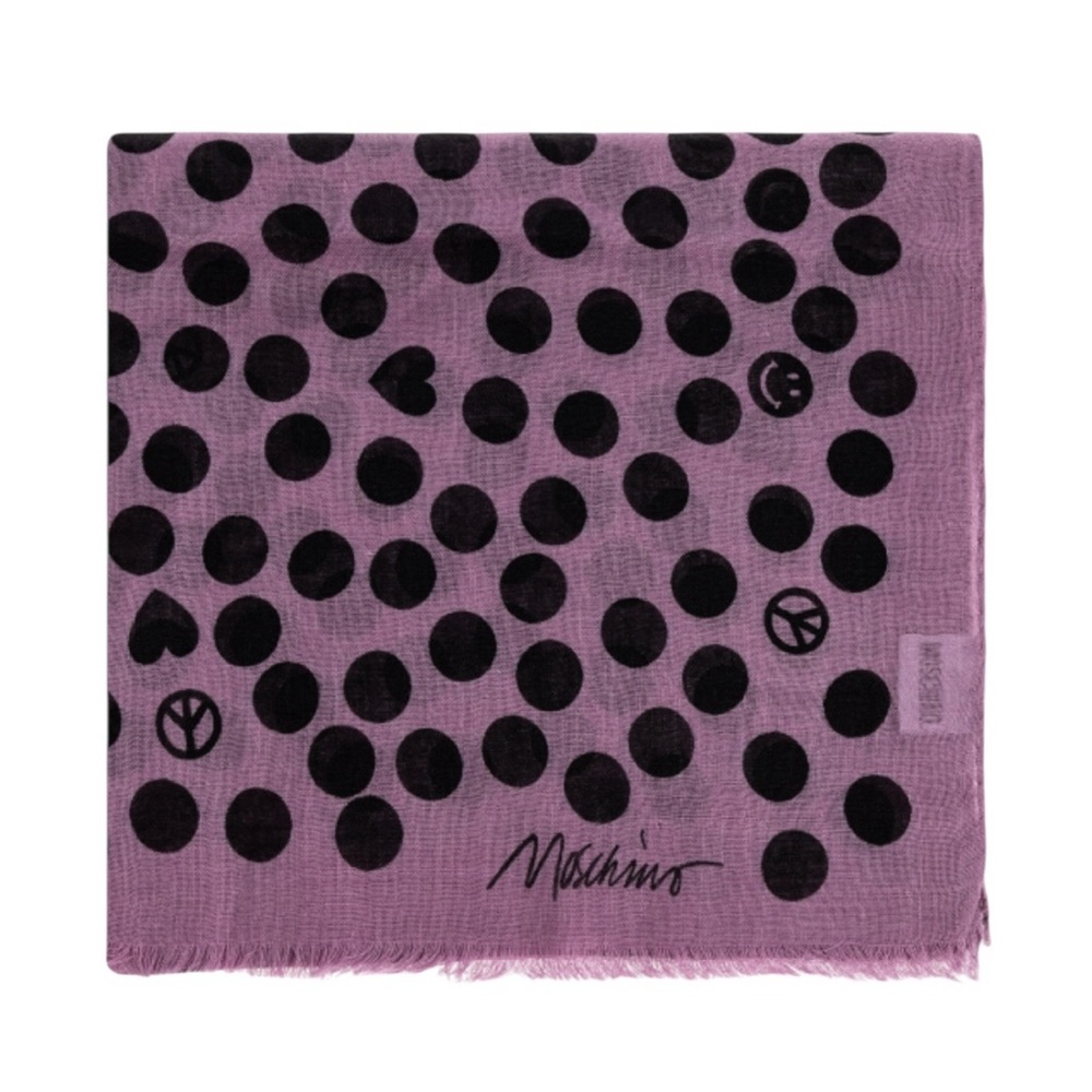 MOSCHINO Logo Polka Dot Scarf Purple Wool & Silk Blend Fringed Wrap NWT